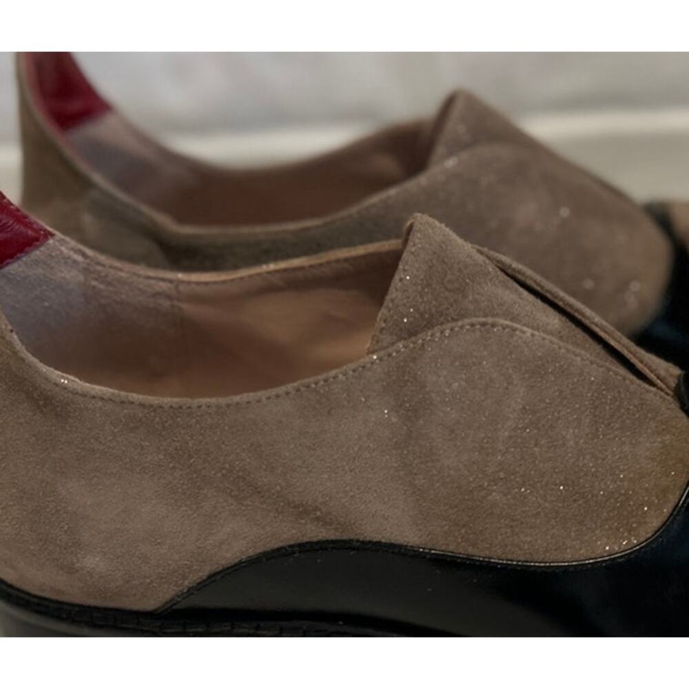 KK DODDS NWOB Leather Suede Bow Spat Loafer Tan Black Hand Crafted Italy 6.5/37 - Picture 6 of 6